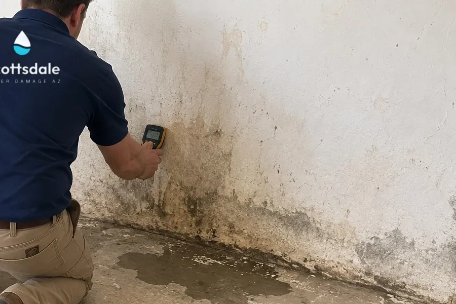 A moisture meter pressed against a water-stained wall