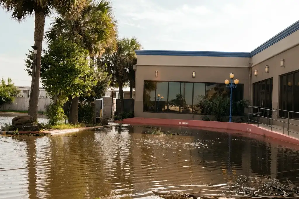 Storm water across a parking lot with palm trees after a monsoon rain
