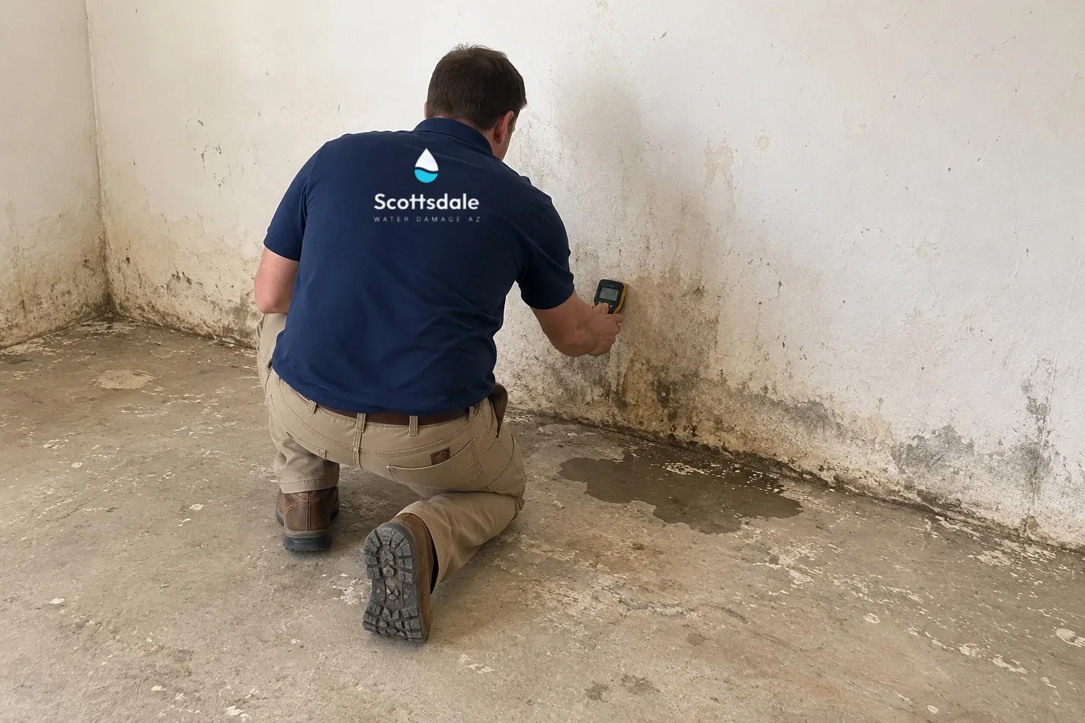 A technician in a Scottsdale Water Damage AZ shirt checks a stained wall with a moisture meter