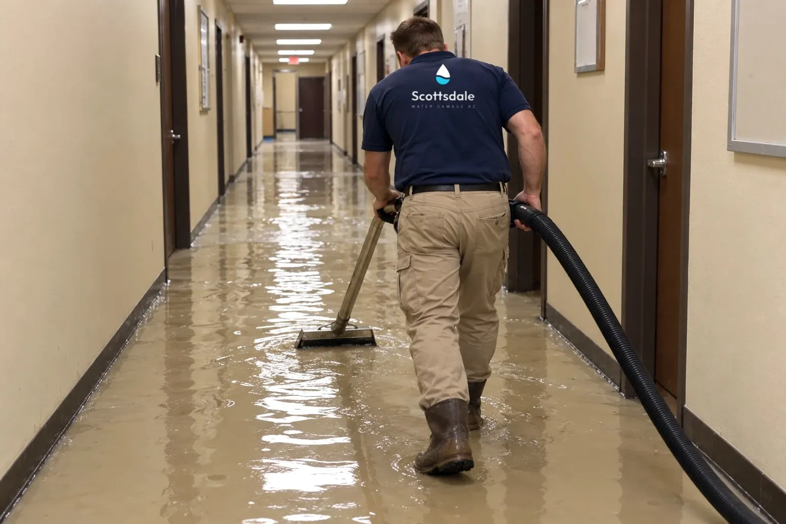 A technician in a Scottsdale Water Damage AZ shirt pulls standing water out of a flooded hallway